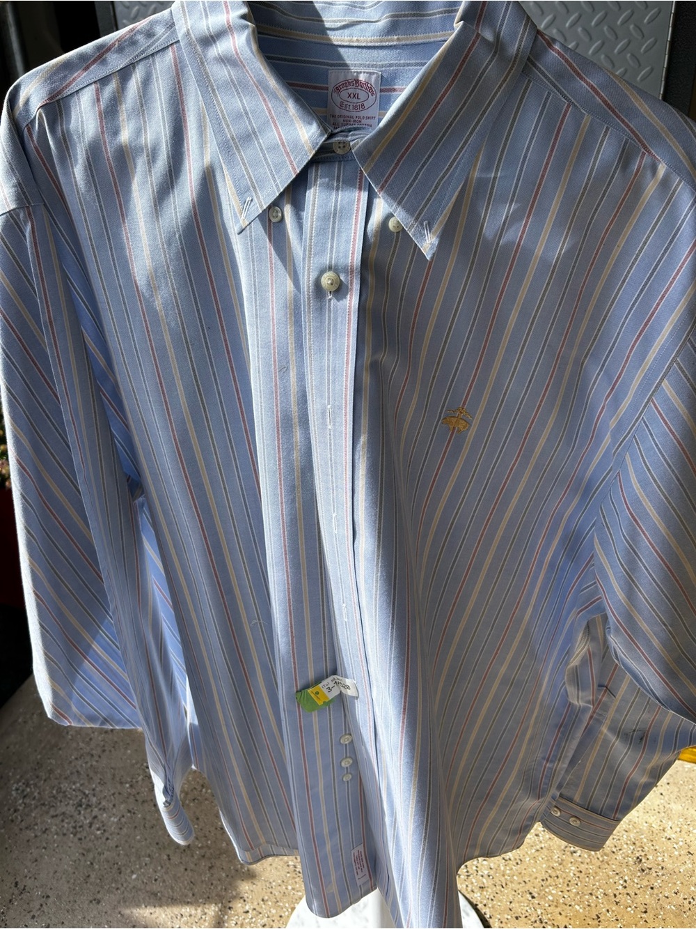 Brooks Brothers Light Blue Striped Dress Shirt with Red & White Accents